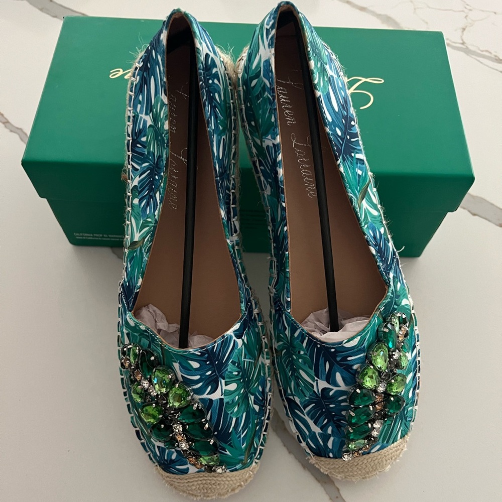 NIB Lauren Lorraine Tropical Green Leaf Espadrilles Size:11